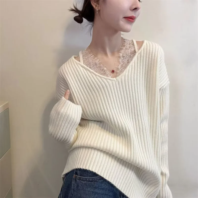 Women Clothes Long Sleeve Vintage Pullover Fashion Office Lady Knit Loose Halter Tops 2026 Autumn Winter French Elegant Sweater