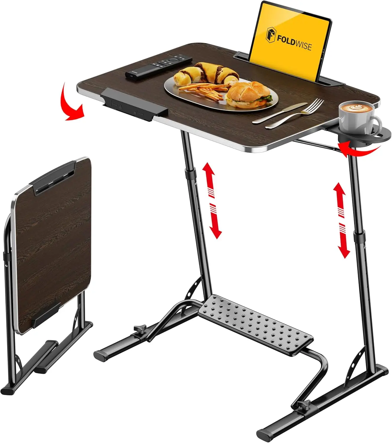 

Adjustable Folding TV Tray Table with Footrest & Holders - Large Sturdy Laptop Desk for Couch, Work & Dining