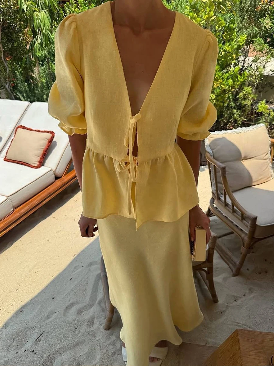 2026 Summer Women's 100% Cotton V-Neck Lace-Up Bubble Sleeve Shirt  Long Skirt Set Loose Casual Two-Piece Suit