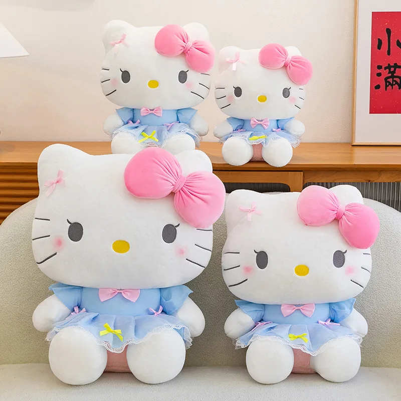 

New Style Hello Kitty Plush Toy Big Pink Bow Blue Lace Dress Stuffed Doll Soft Plushie For Kids Girls Birthday Gift Room Decor