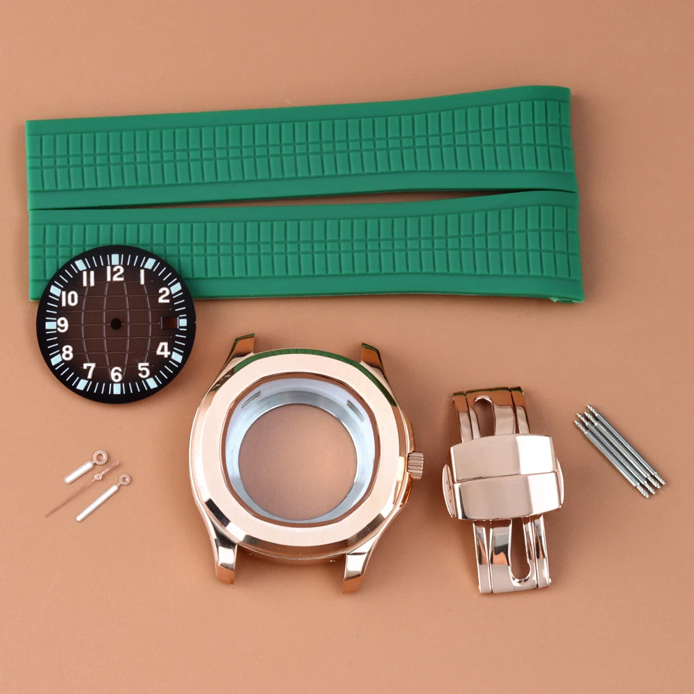 

Rose Gold 316L Steel 42mm Case Black Brown 31.5mm Dial Hand Green Luminous Fit NH35 NH36 Movement Aquanaut Case Rubber Bracelet