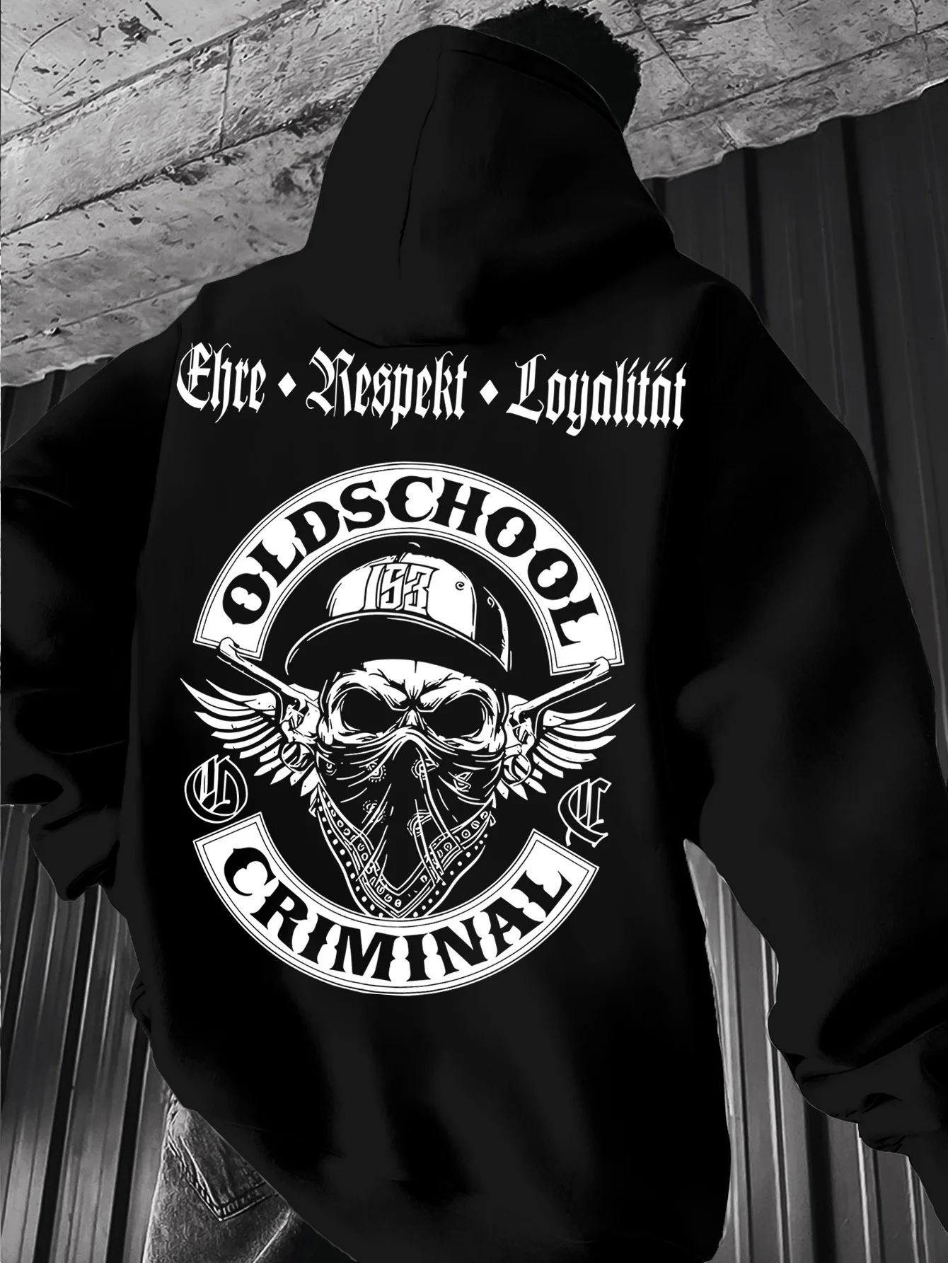 Vintage Gothic Streetwear Hoodie Wing Skull Biker Style Large Back‑Print Gothic Font Letters Loose Pullover Hoodie For Men