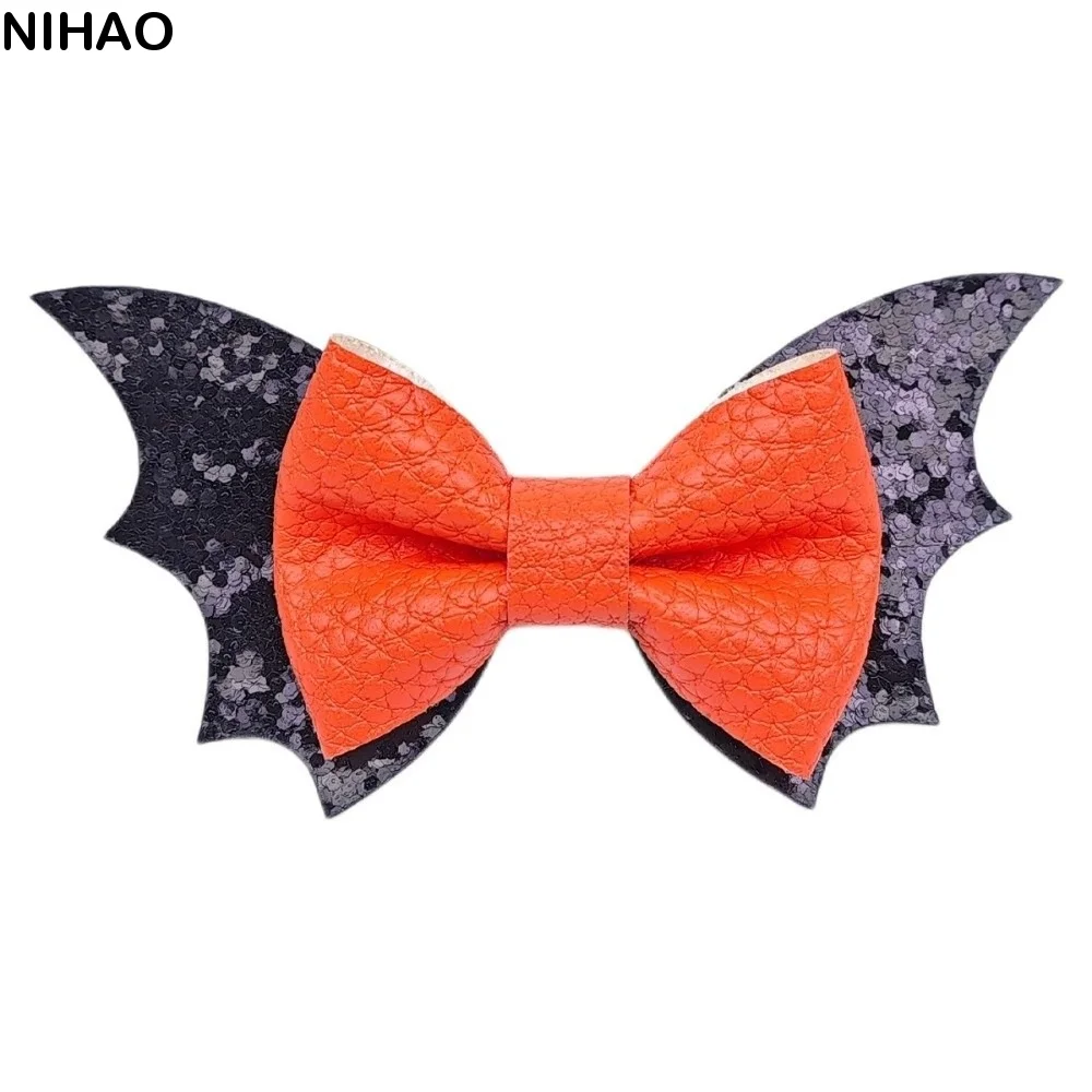 2 pcs/set Bow Bat Wing Hair Clips Double Layered Glitter Halloween Barrettes Black Color Unique Sequins Hairpin College Style