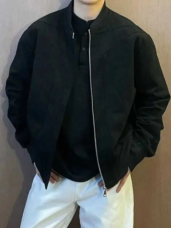 

Bla Deconstructed Design Stand Collar Flight Jaet Men's ort Sle Autumn Faionable Baseball Coat Casual Loose Fit