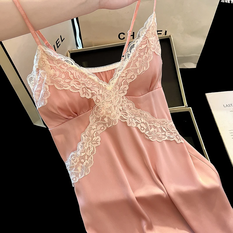 DAIMELU sexy ice silk nightdress women's summer cold bean paste powder with chest pad sleepwear skirt pajamas lady nightgown