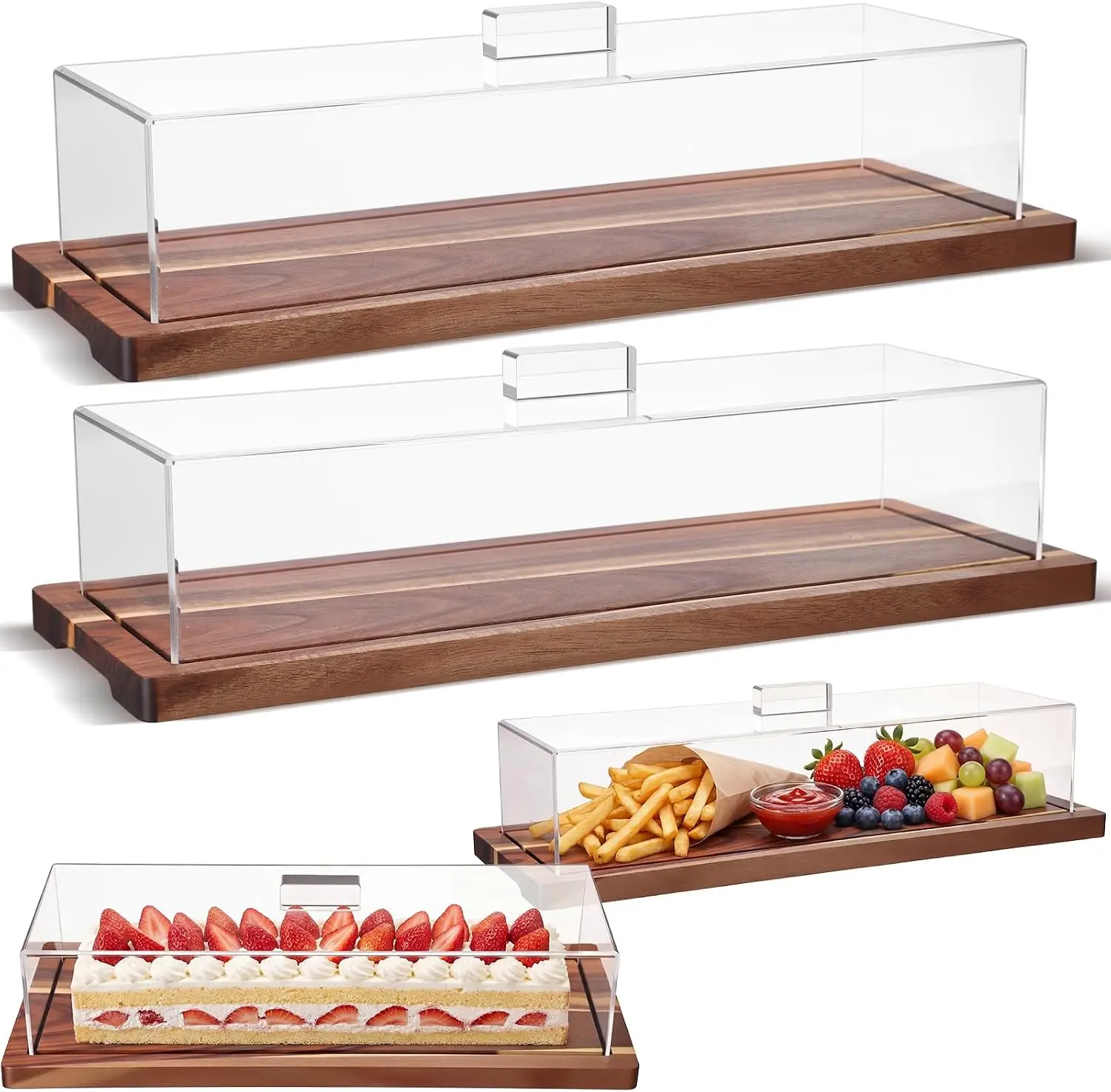 Acacia Wood Cake Stand Serving Tray Set, 2 Pack with Acrylic Lid, 15 x 6 x 4 Inches, Charcuterie Table Display & Dessert Serving Set for Bakery, Buffet, Home Party and Restaurant