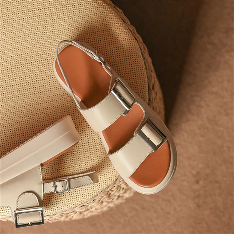 MORAZORA 2024 New Solid Flat With Heels Shoes Buckle Genuine Leather Sandals Women Summer Ladies Casual Platform Shoes