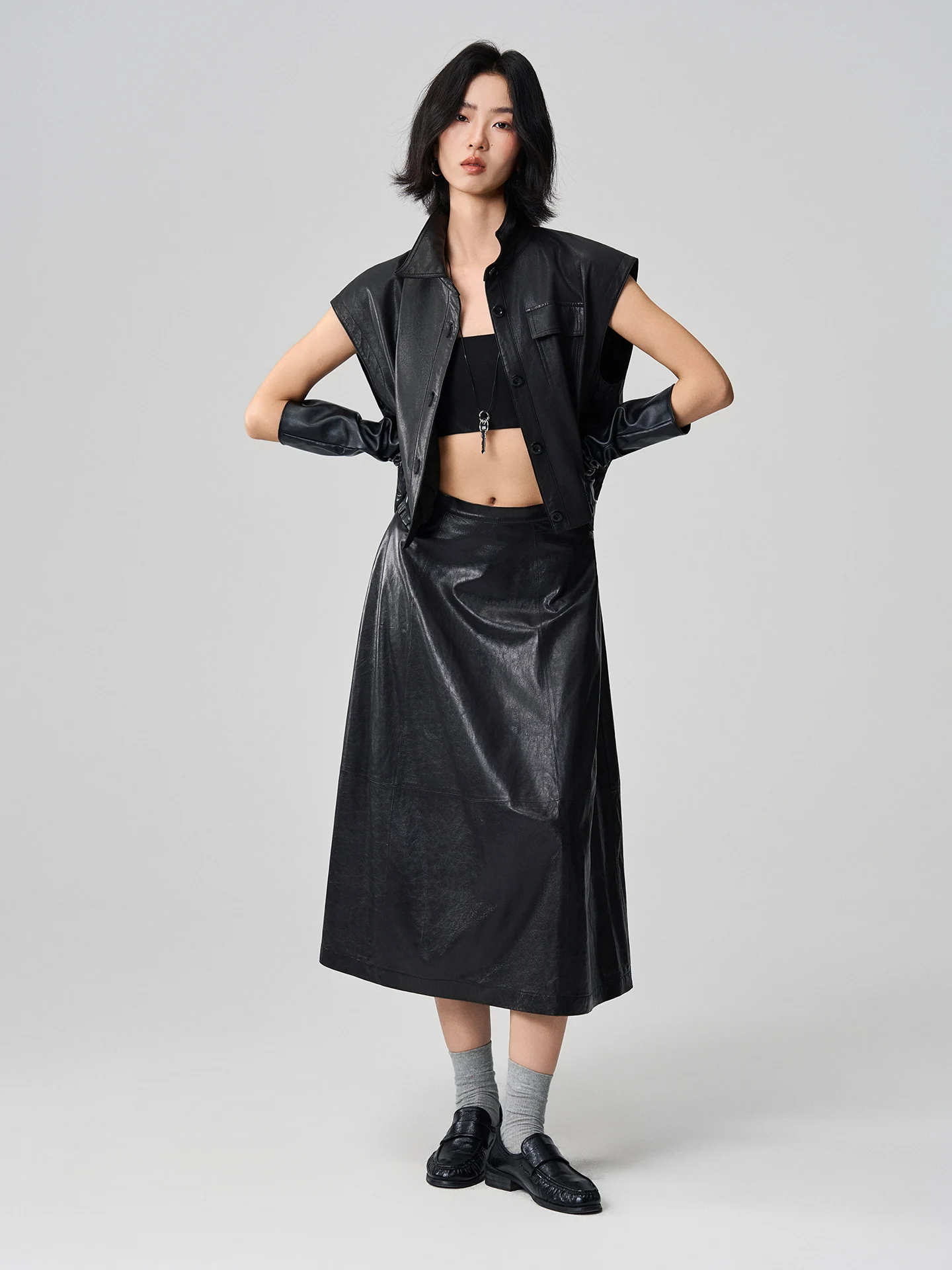 Sis Marti Gilet in Pelle Casual Semplice Vintage in Vera Pelle di Pecora Gilet Corto Senza Maniche con Cerniera Vestibilità Ampia per il Pendolarismo