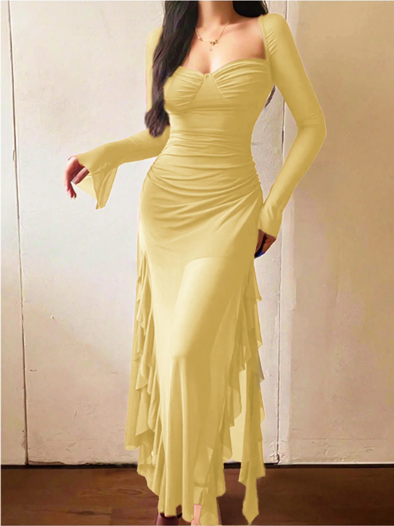 レディース無地フリルトリム長袖ドレスエレガントなファッションシアーメッシュドレス、日常のアウトドアウェア、女性のドレスオールシーズン対応