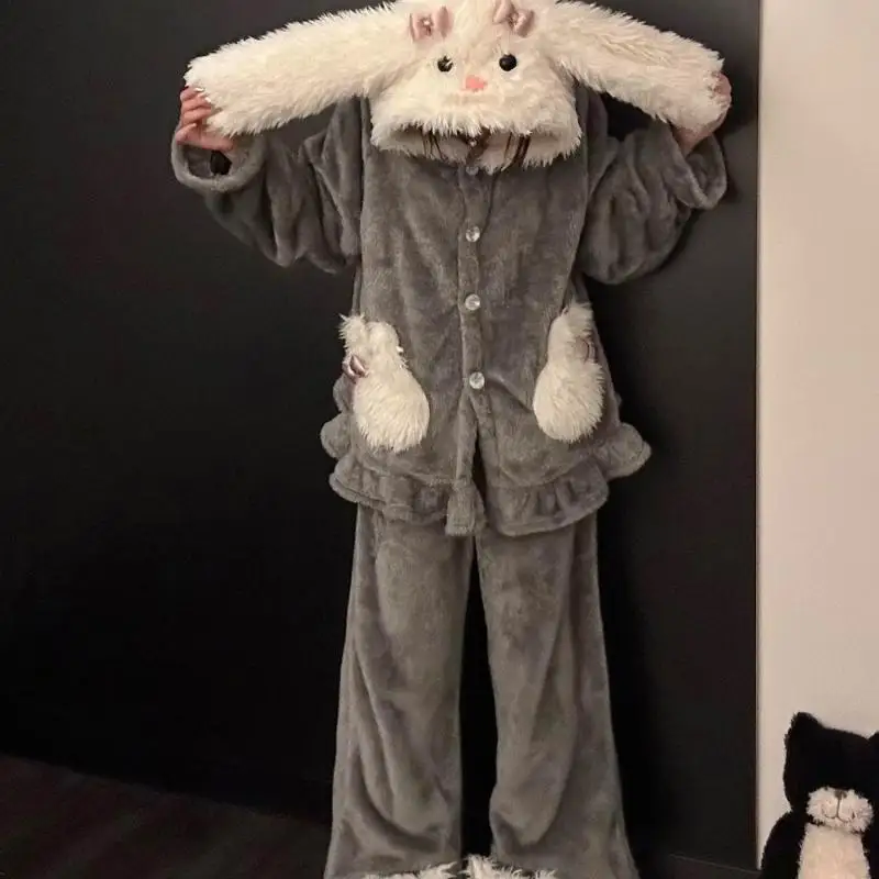 Women Cute Long Bunny Ear Hooded Pajama Set Winter Thick Coral Fleece Button Sleepwear Warm Flannel Loungewear Home Outfit gift