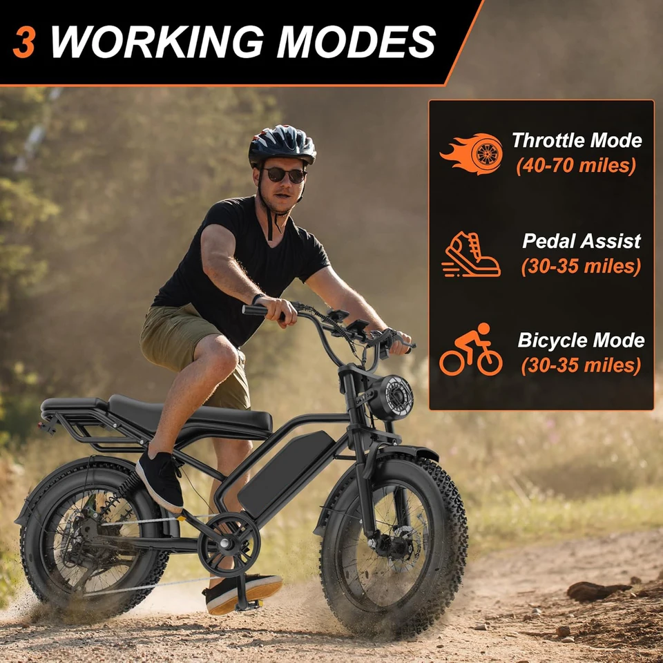 20" Fat Tire Electric Bike 1500W Peak Power 31mph Top Speed 70 Miles Range for Road Sand Mountain Snow Electric Motorcycle image 4