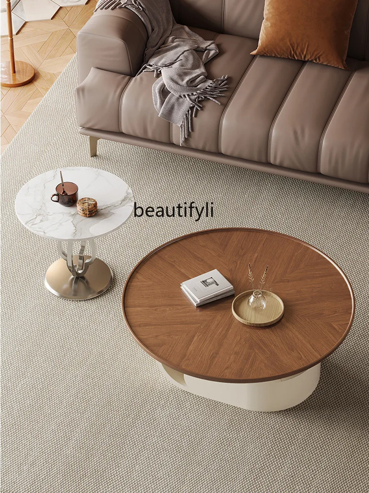 Coffee Table Minimalist round Arc Edge Modern Retro Living Room Household Walnut Color Antique Style