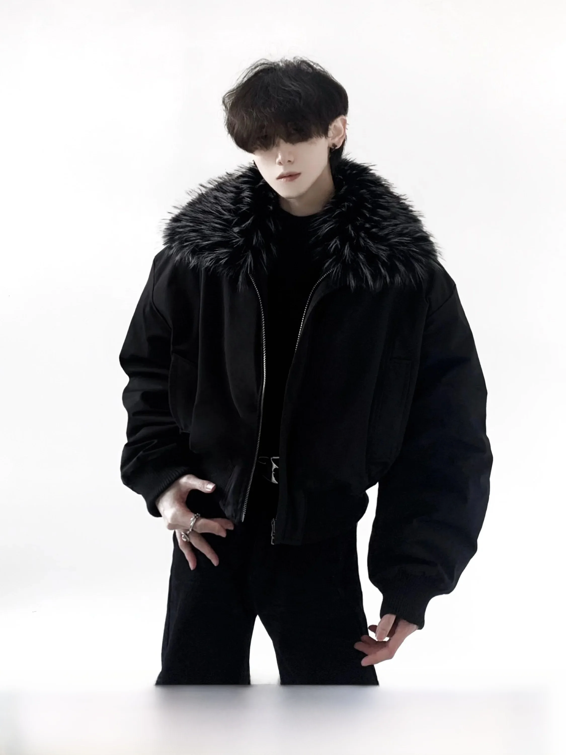 Thick Short Men's Cotton Jacket Autumn Mountain Wind Black White Tiger Pattern Large Fur Collar Winter Warm Casual Coat