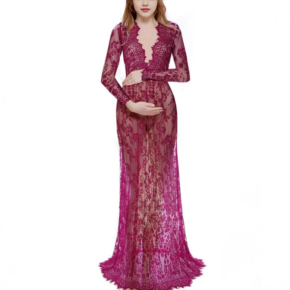 Maternity Dresses and Skirts Clothes for Pregnant Women Pregnancy Clothing  Sexy Deep V-neck Lace Sheer Tight Trailing Dress