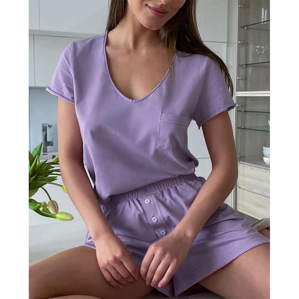 V-neck shorts pajama set for spring and summer 2024, casual, loose and comfortable, cotton short sleeved T-shirt set