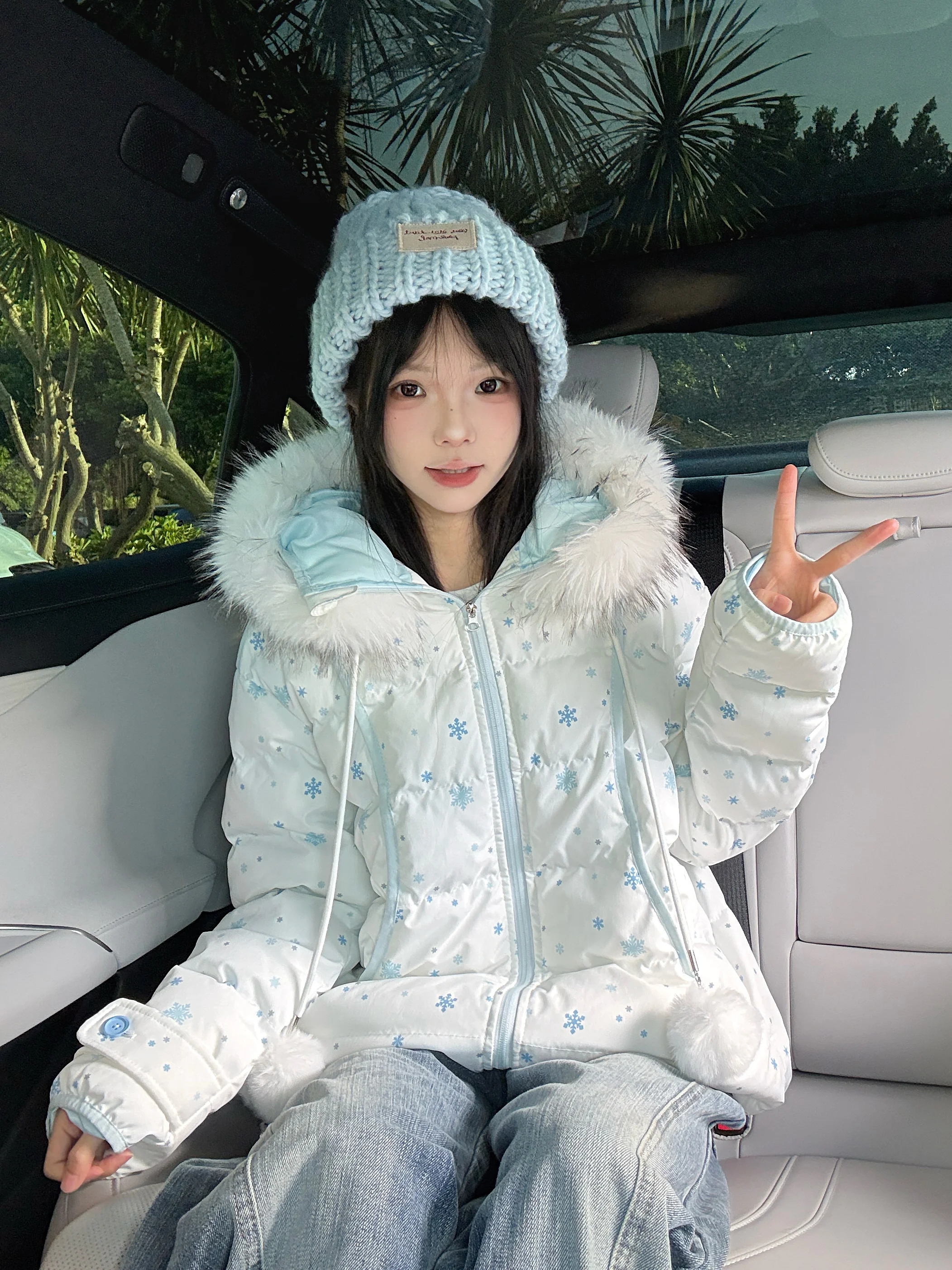 

Зимняя куртка с узором снежинок в корейском стиле, цветной блок-дизайн, хлопковая, в стиле Sweet College, свободного кроя, с длинными рукавами, на молнии