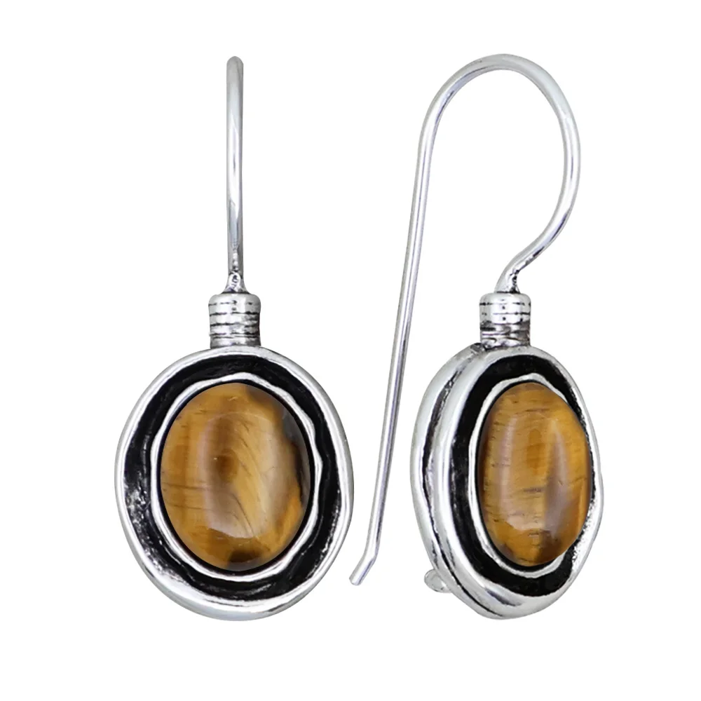 Vintage Natural Tiger Eye Drop Earrings Real Silver Plated Oxidized Rustic Oval Dangle Locking Hook Secure Closure Boho Jewelry
