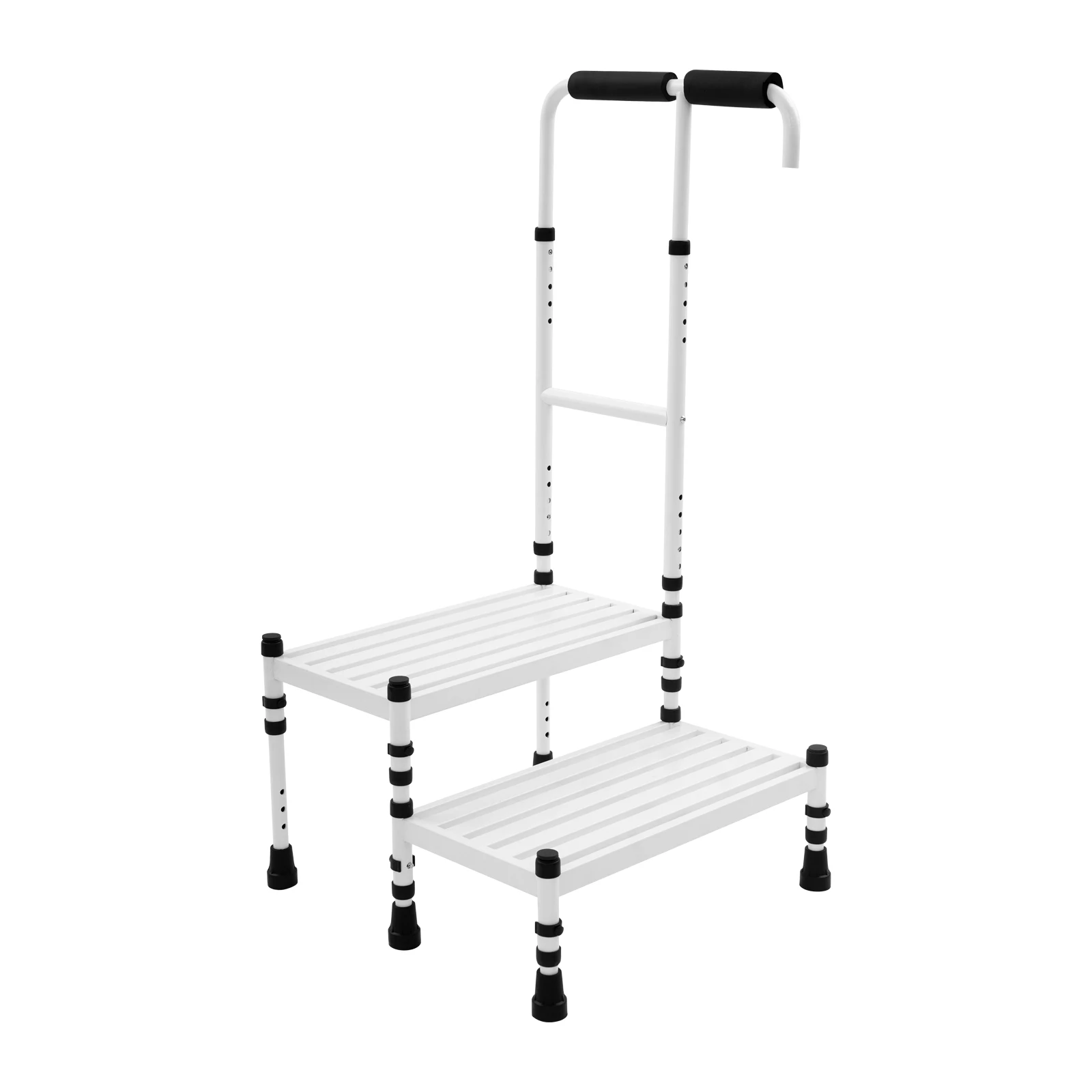 53.5*57*91-108cm White Step Stool Floor Standing Adult Ramp Metal Stepping Stool with Handrail Sturdy Feet