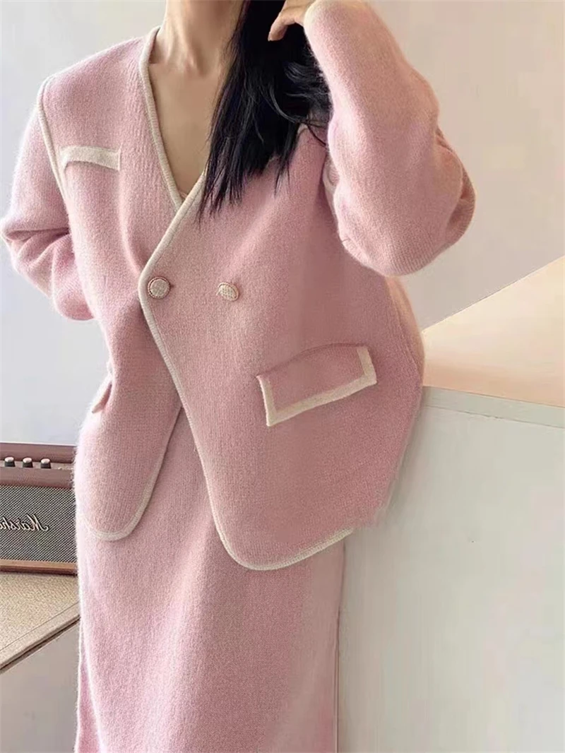 

2023 Korean Chic Office Lady Dress Set Elegant White Knit Jacket + Short Vest Dress OL Temperament Dress Pink Knit 2 Piece Set