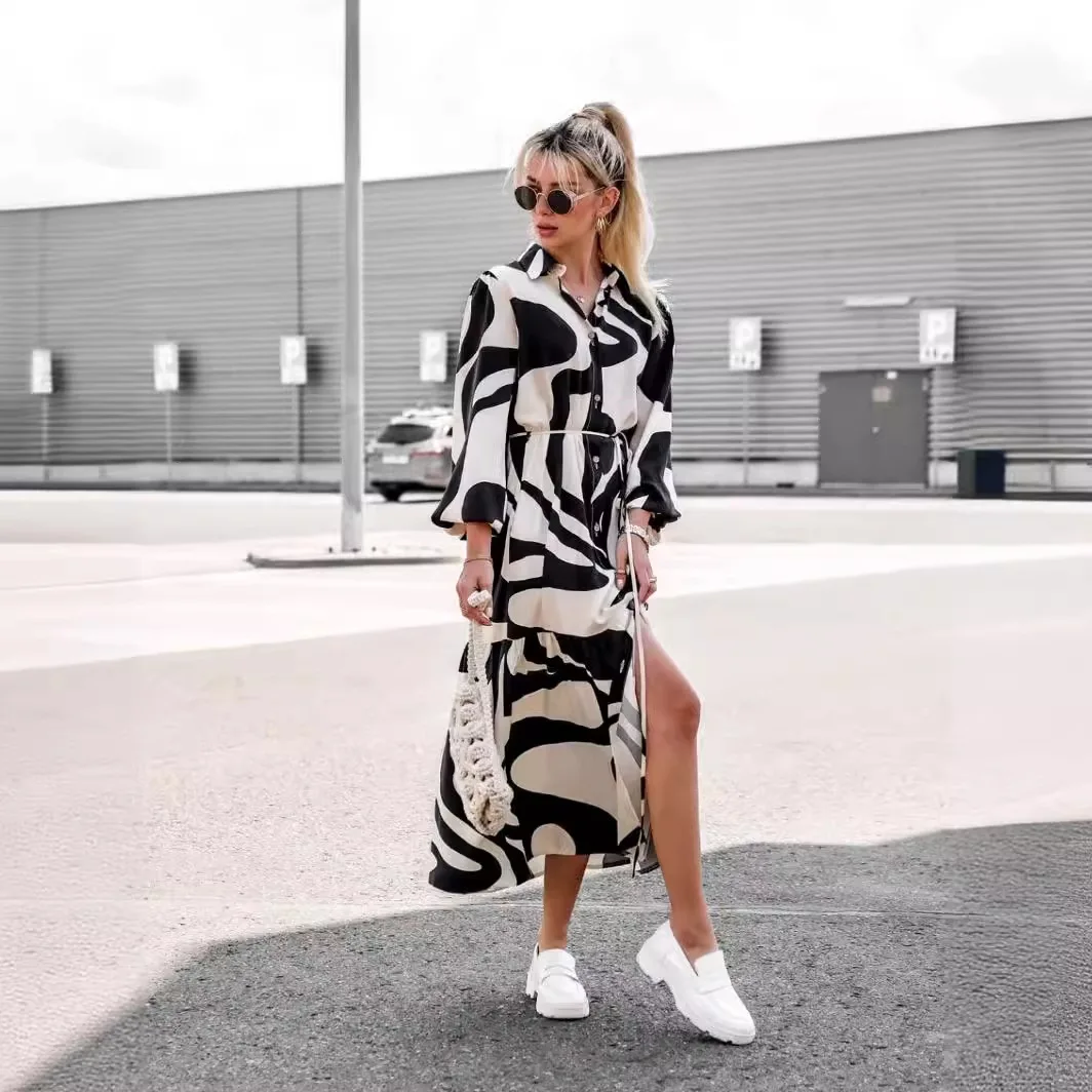 신상 여성 기하학 프린트 벨트 셔츠 드레스 긴팔 버튼다운 캐주얼 시크 & 스트릿 스타일에 이상적