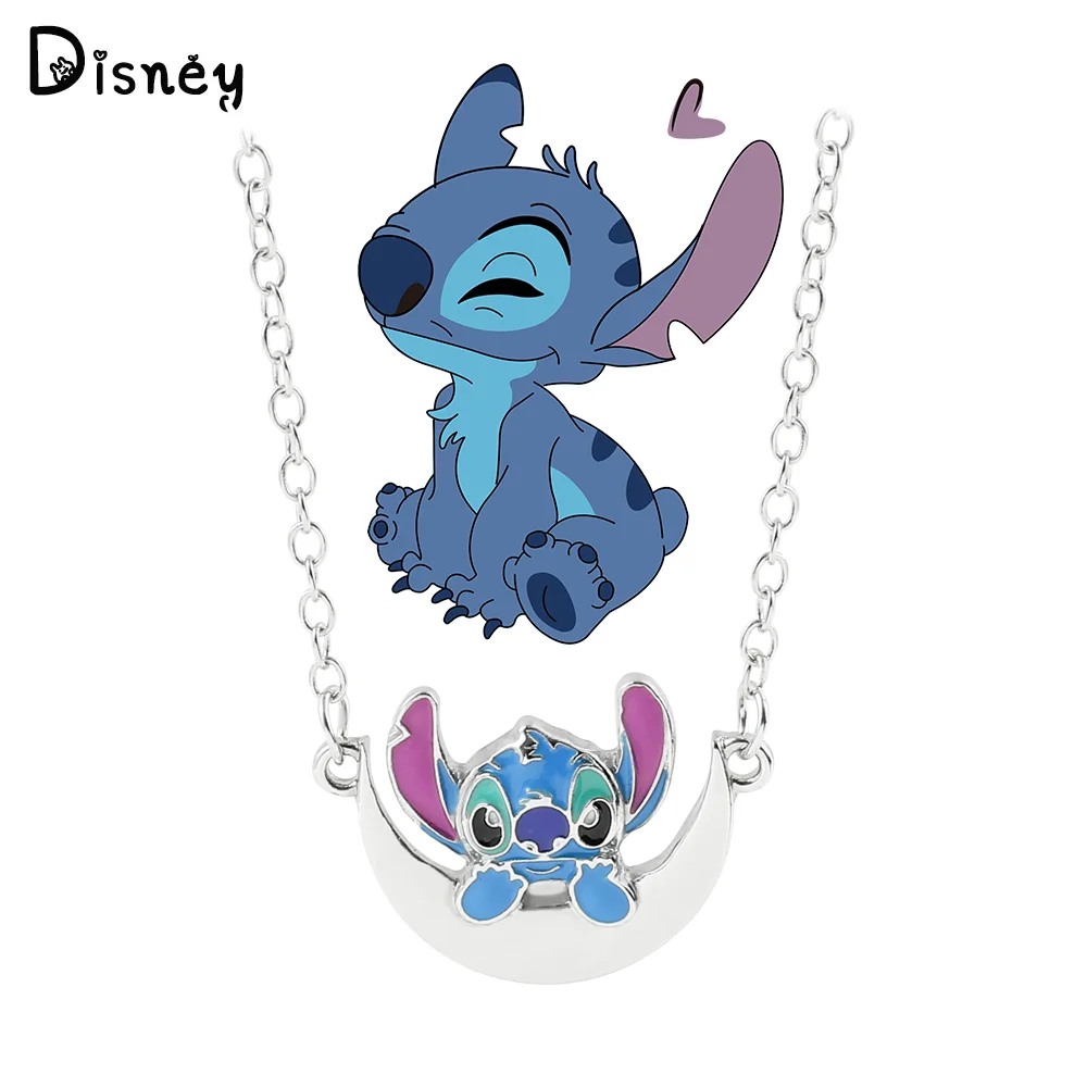 New Disney Stitch Necklace Creative Jewelry Stitch Silver Color Half Moon Pendant Necklace Fashion Accessories for Women Gifts