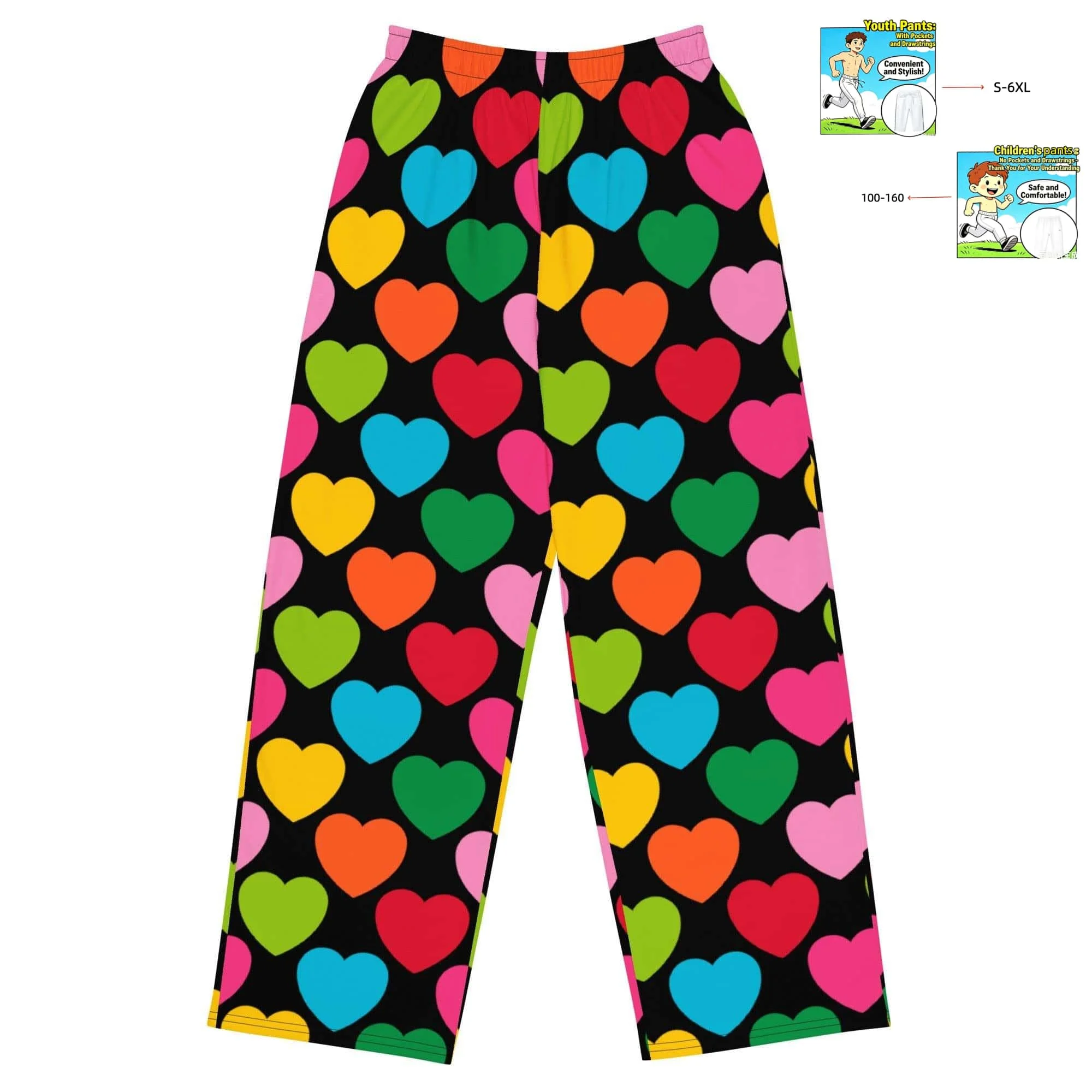 Y2K Sweet and Cool Colorful Heart Print Wide-Leg Pants for Children, Adults, Parents,Couples, Home Wear, Outings,and Relaxed Fit