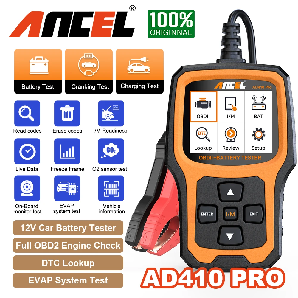 

ANCEL AD410 PRO Проверка считывателя кодов двигателя Тест аккумулятора с полной функцией OBD2 Автомобильные диагностические инструменты Сканер OBD2