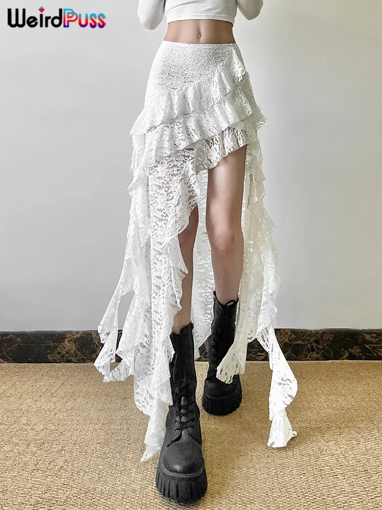 แปลก Puss พู่ผู้หญิงกระโปรง Chic ไม่สม่ําเสมอ Hem Multi-Layered Ruffles ลูกไม้ Patchwork ฤดูร้อนผอมอเนกประสงค์กางเกง