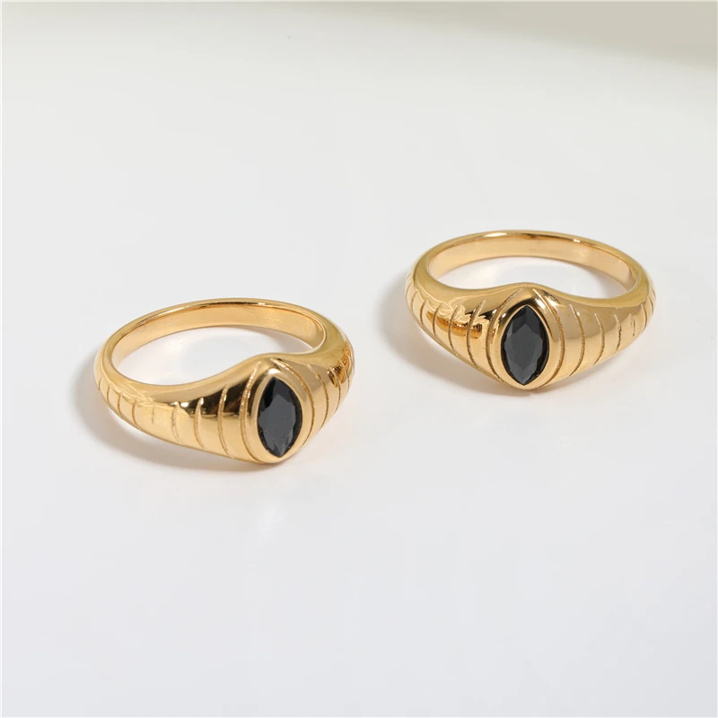 

Joolim Jewelry Wholesale High End PVD Waterproof Classic Eye Shaped Black Zirconia Stainless Steel Ring for Women