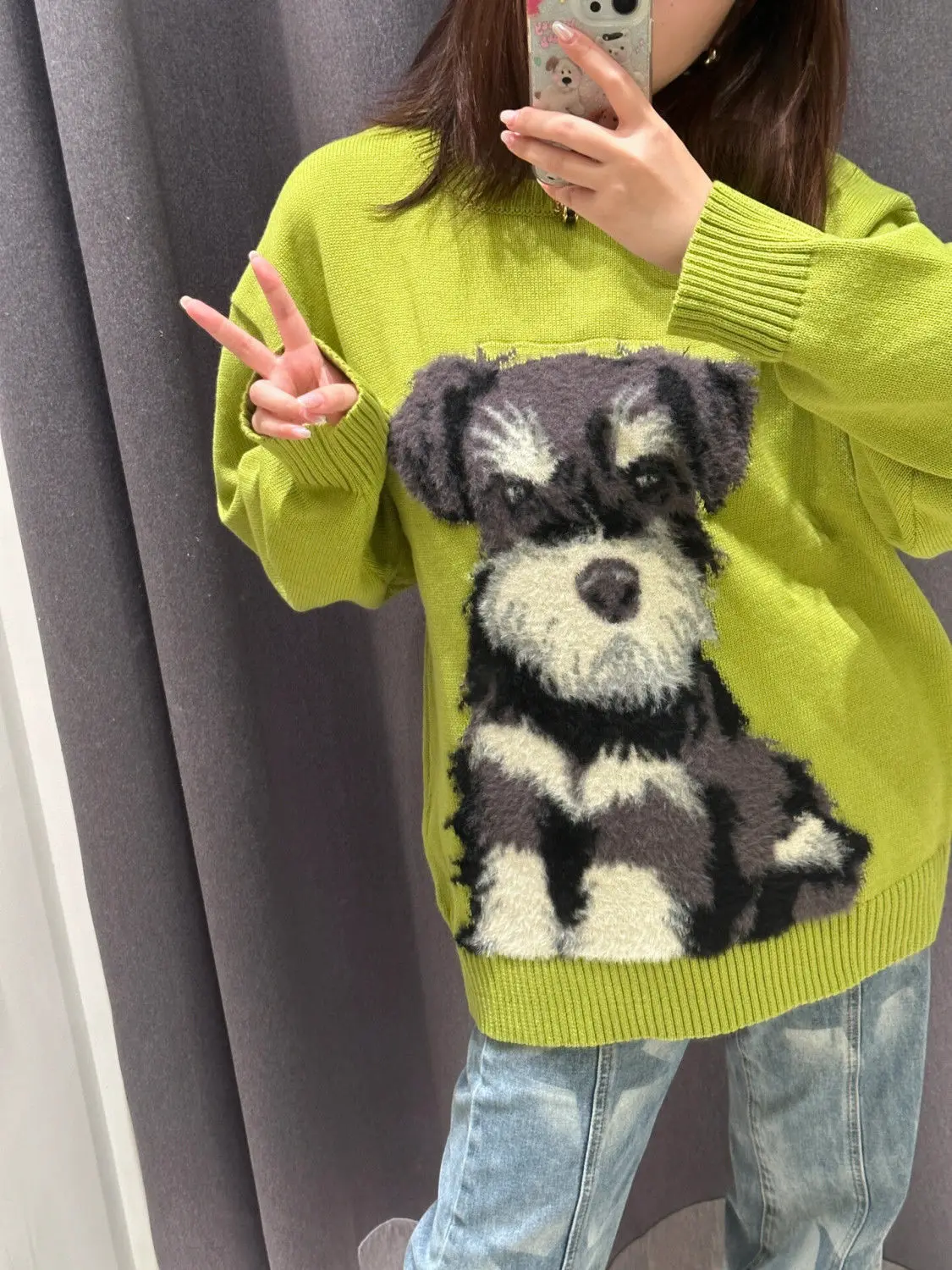 INS Luxury Plush Flocking Dog Cat Embroidery Sweaters Loose O-neck Pullover High Street Kawaii Knitwear Y2K Top Harajuku Couples