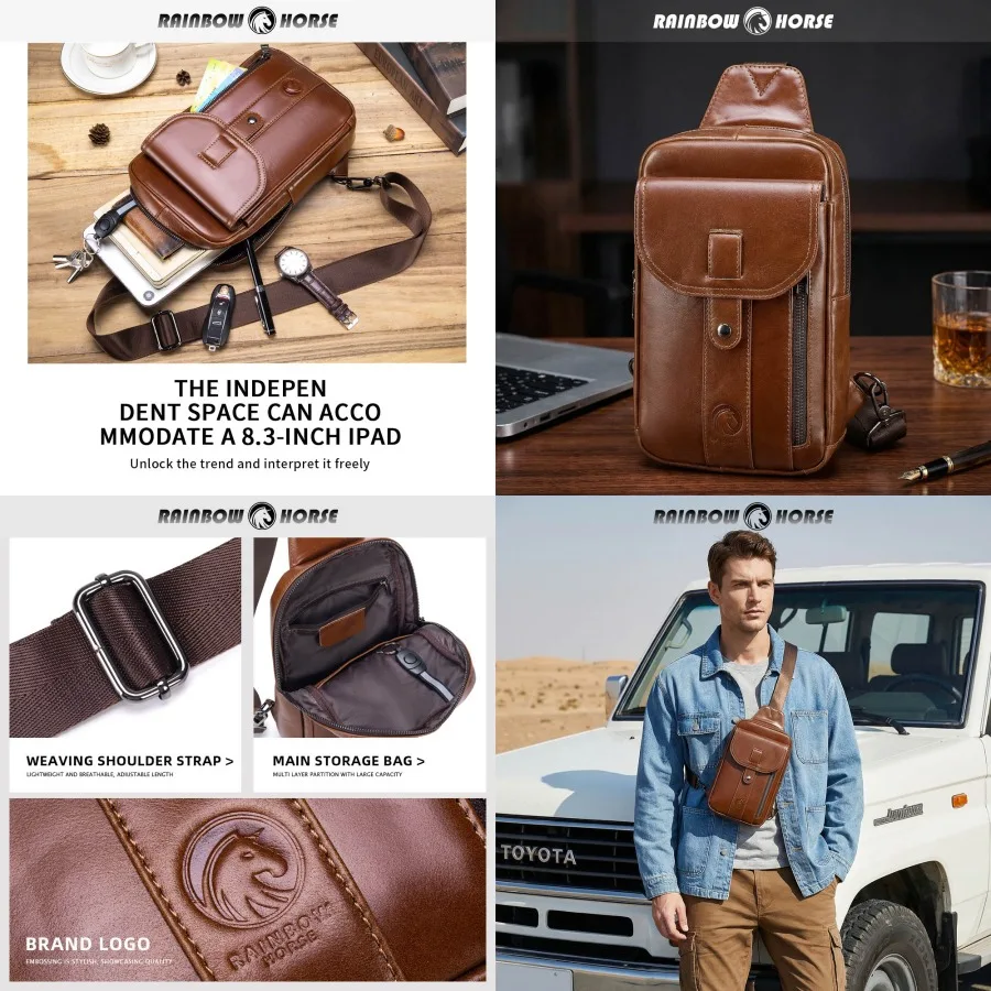

【New style】Rainbow horse men's genuine leather chest bag top layer cow leather multifunctional outdoor shoulder bag fashion bra