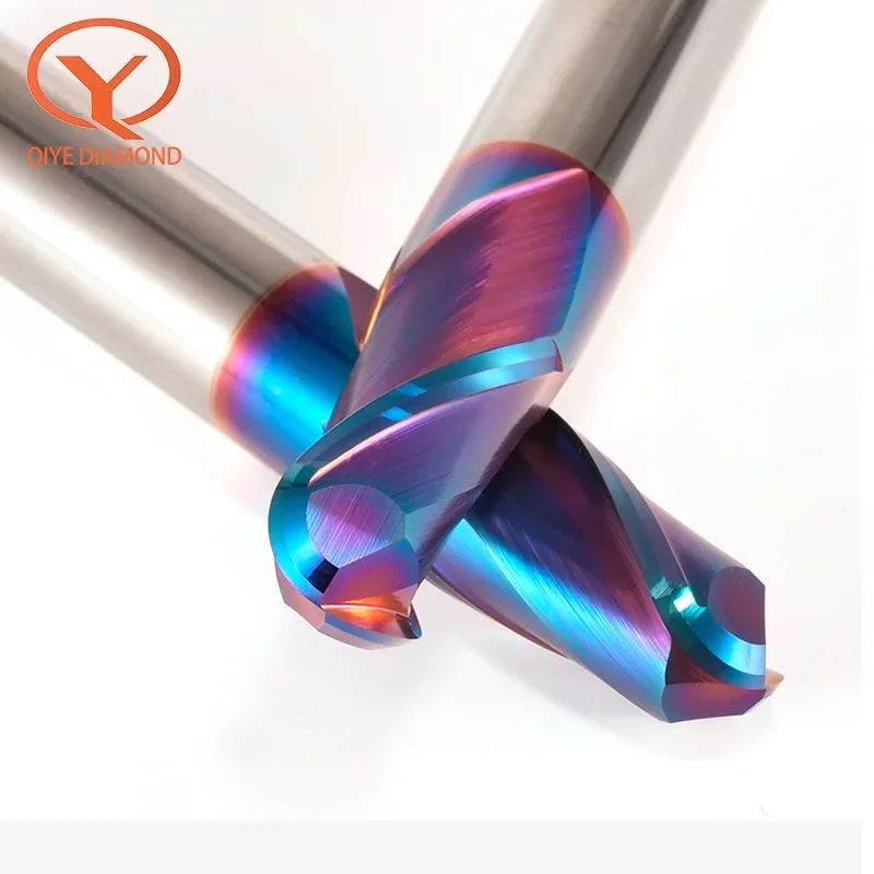 QIYE Ball Nose End Mill HRC65 2 Flute Nano Blue Coated Carbide Milling Cutter CNC Router Bit For Metal Tools Tungsten steel Tool