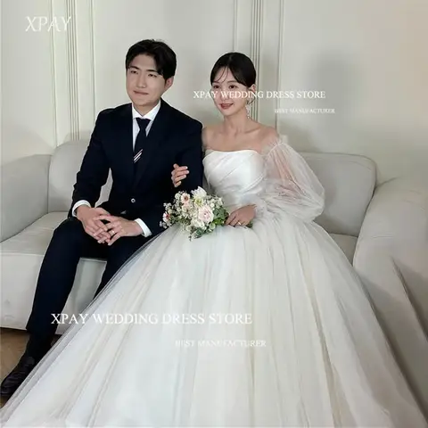 XPAY 푹신한 Strapless 분리형 슬리브 Tulle 웨딩 드레스 사진 촬영 한국 탑 스테인 백 신부 가운 맞춤형 공주