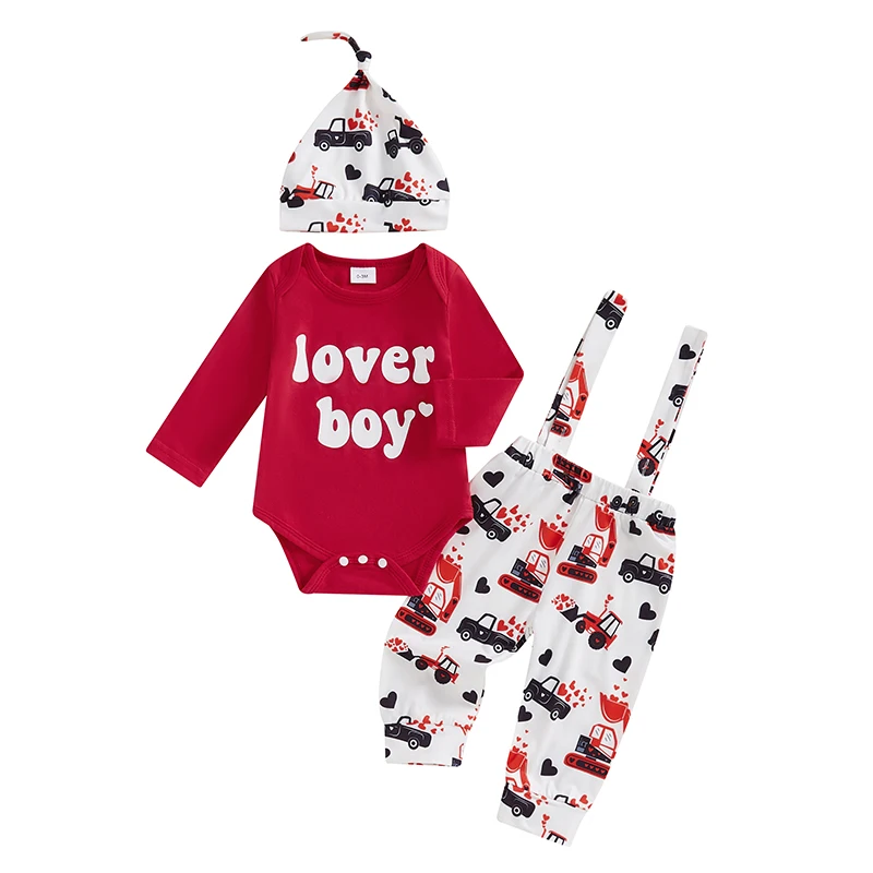 

Valentines Newborn Baby Boy 3Pcs Clothes Infant Long Sleeve Romper Cute Pattern Suspender Pants Overalls Outfits