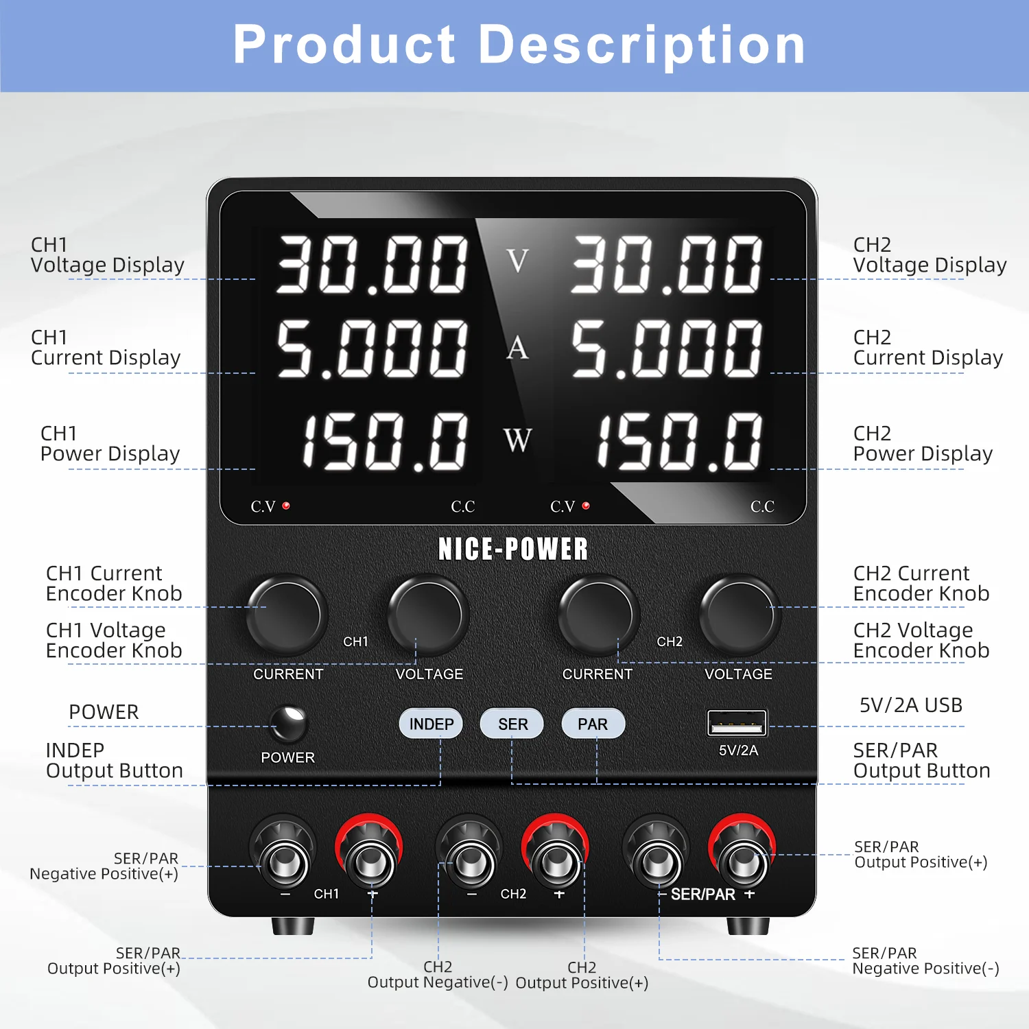 【علامة تجارية جديدة】NICE-POWER SPS305-2KD مصدر طاقة تيار مستمر ثنائي القناة قابل للتعديل 30 فولت 60 فولت 5 أمبير 10 أمبير مخرج مستقل سلسلة مفاتيح واحدة متوازية #2