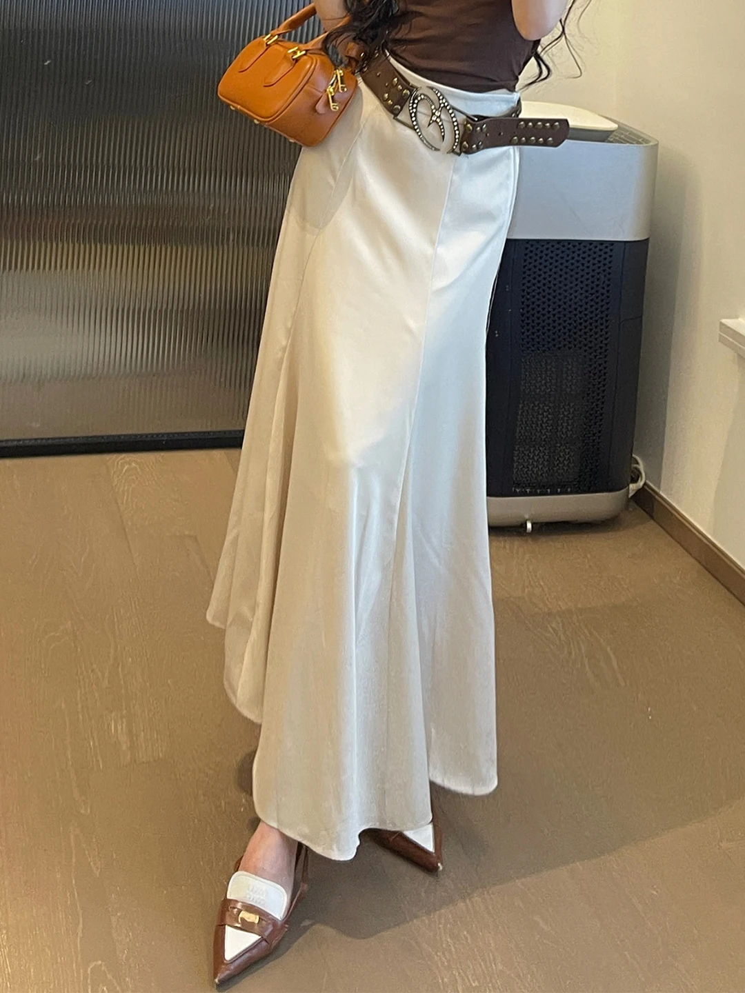 

ChiclyNana Ele A-Line Midi Skirt for Women Pear ape Body Slimming Fi Tail High Waist Long Skirt Polyester Blend Fabric