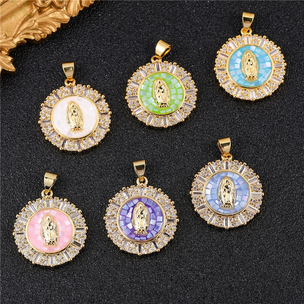 Juya Handmade 18K Real Gold Plated Christian Cross Religious Jewelry Supplies Cz Opal Shell Saint Mary Virgin Charms Supplies