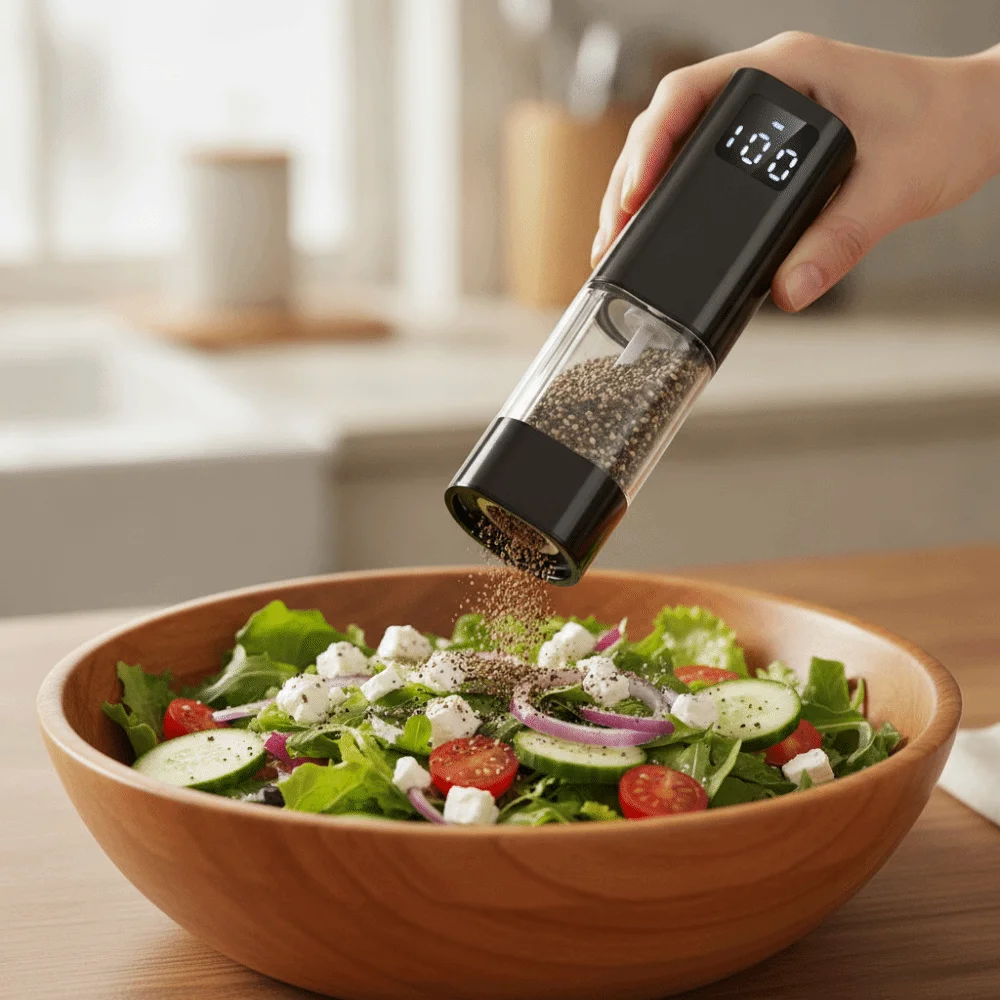 Adjustable Particle Coarseness Electric Salt and Pepper Grinder LED Display Transparent Hopper Seasoning Grinder Bottle