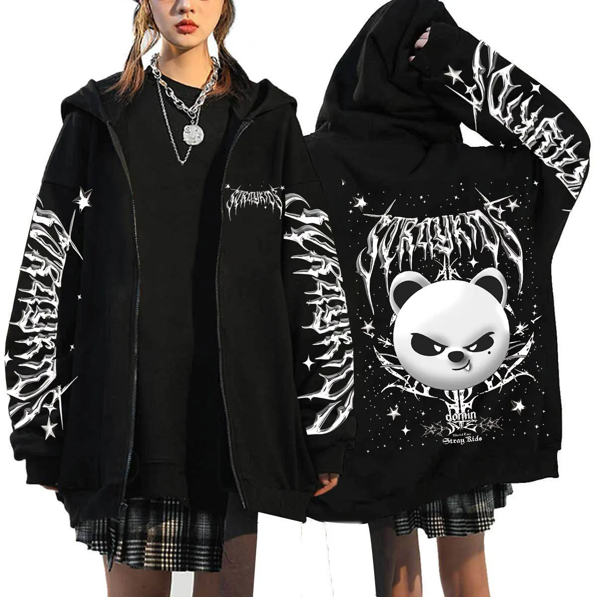 

2025 Stray Kids Skzoo Evil Zip Up Hoodie Harajuku Dark Print Oversized Zipper Hooded Sweatshirt For Kpop Fans Casual Daily Wear