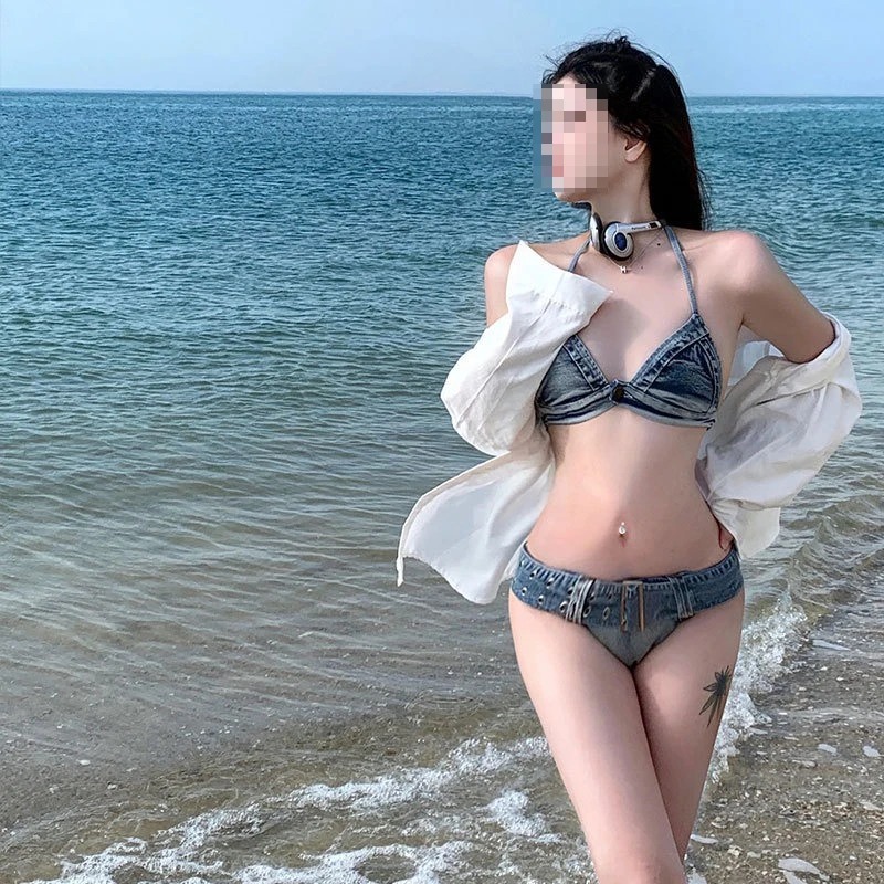 New European and American denim tube top, bikini sexy three-point super-exposed hot girls gather chest pad swimsuit view 3