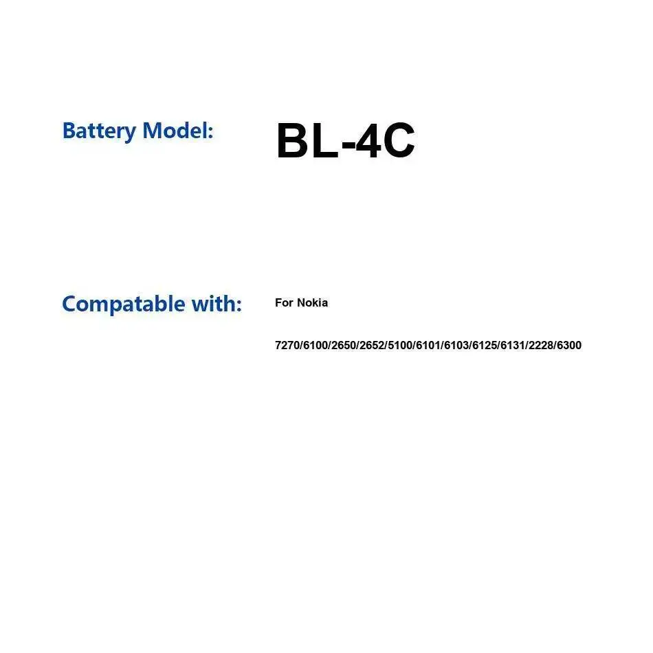 

BL-4C Mobile Phone Battery High-Efficiency For Nokia 7270 6100 2650 2652 5100 6101 6103 6125 6131 2228 6300 890Mah