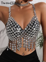 Sexy y2k clothes metal rhinestone corset crop top women summer body beach halter tank top see through nightclub party tops bra
