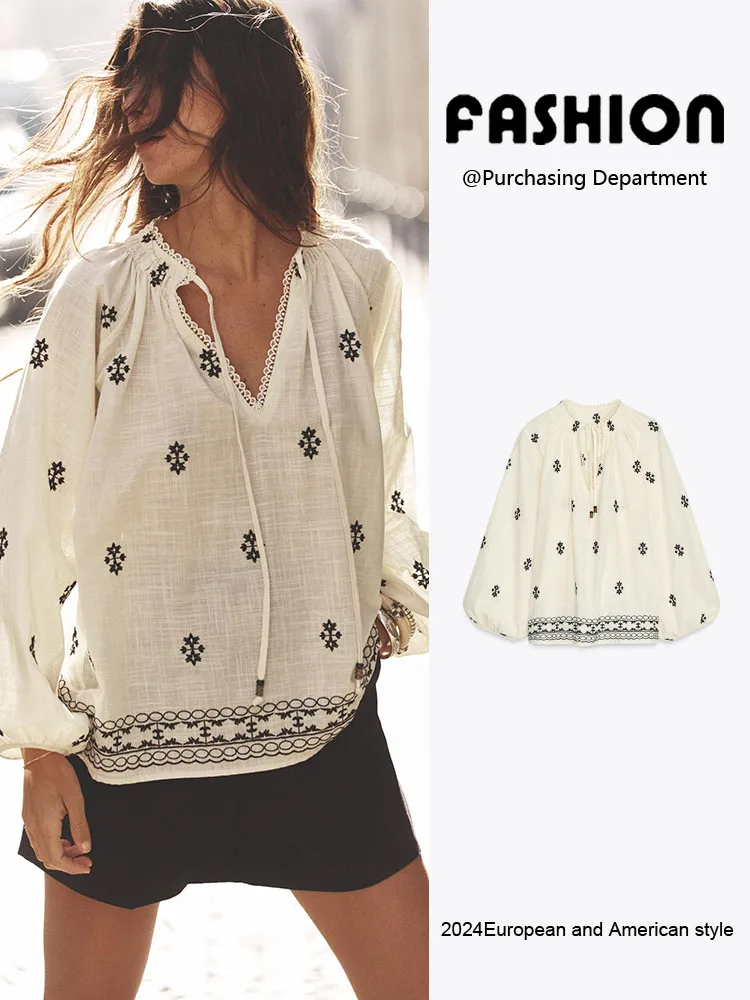 

Spring New Arrival Women's Faion Long Sve irt Embroidery Decorative Color Blo Commute Sle V-Ne Lantern Sve