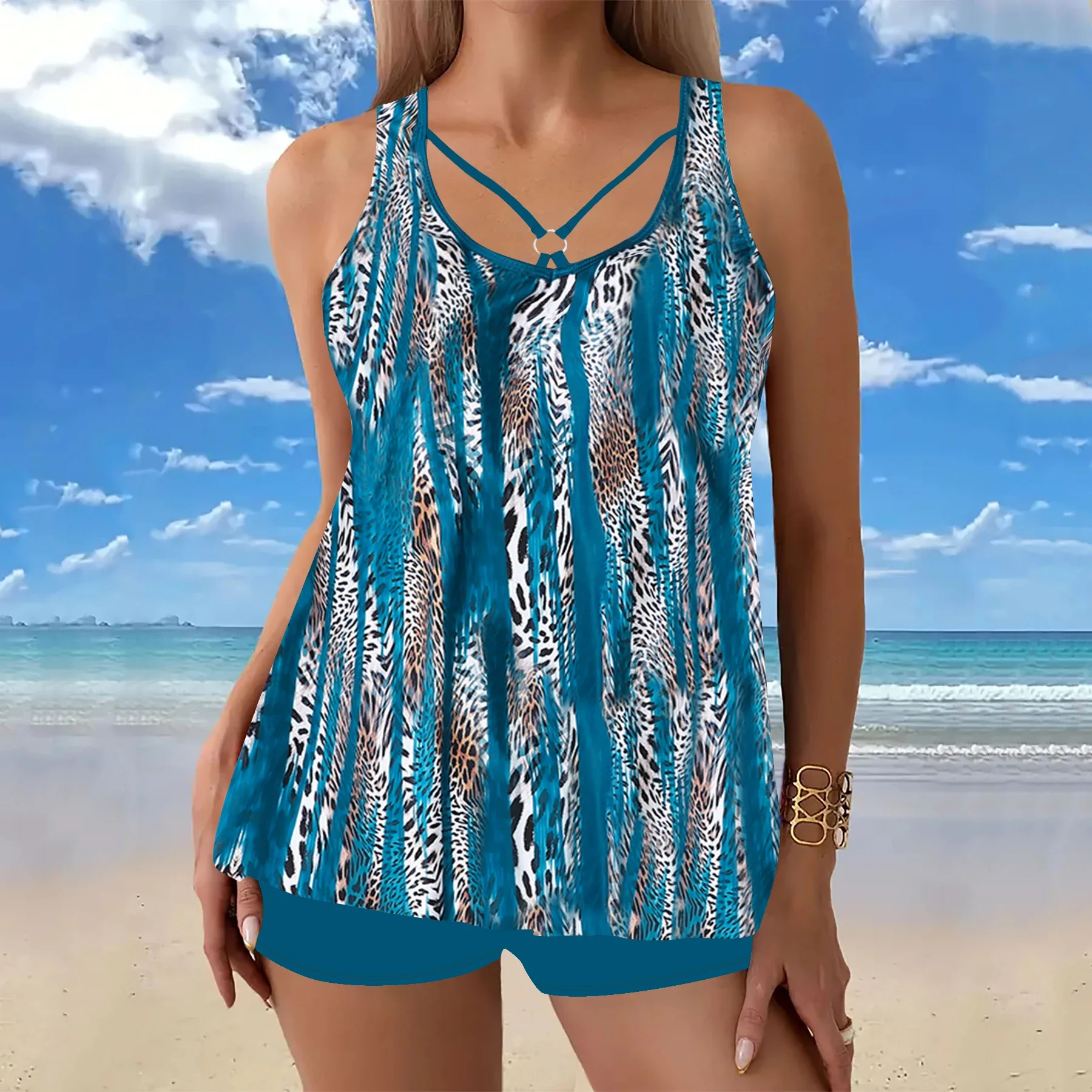 여성용 Tankini 수영복 세트, 꽃무늬 백리스 투피스 수영복, 탱크탑 & 반바지가 포함된 세련된 비치웨어 섹시한 비키니