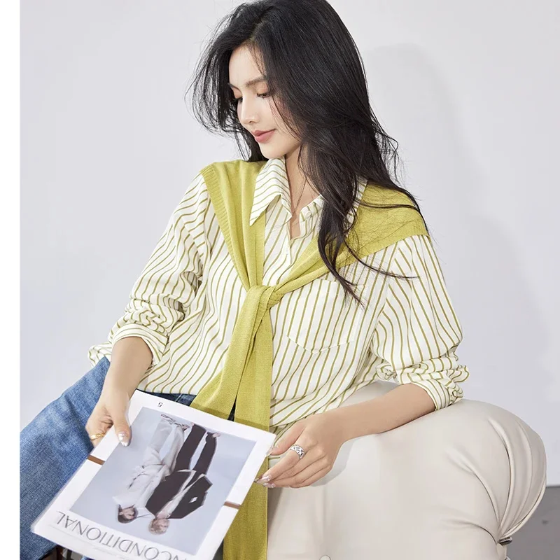 Knitted Shawl Scarf Stitching Vertical Striped Blouse for Women 2023 Autumn Korea Office Ladies Elegant Loose Casual Shirt Top