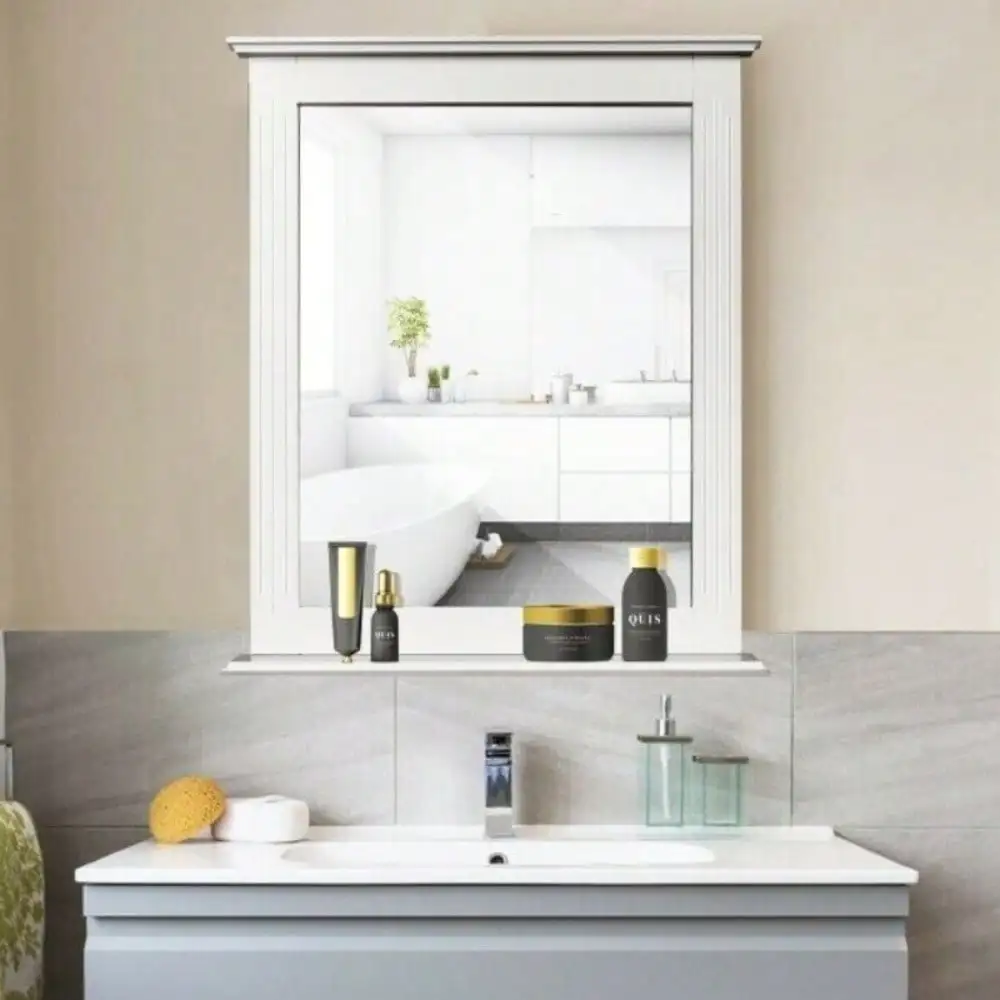 Bathroom Wall-Mounted Mirror W/ Shelf Vanity Makeup Mirror Multipurpose White