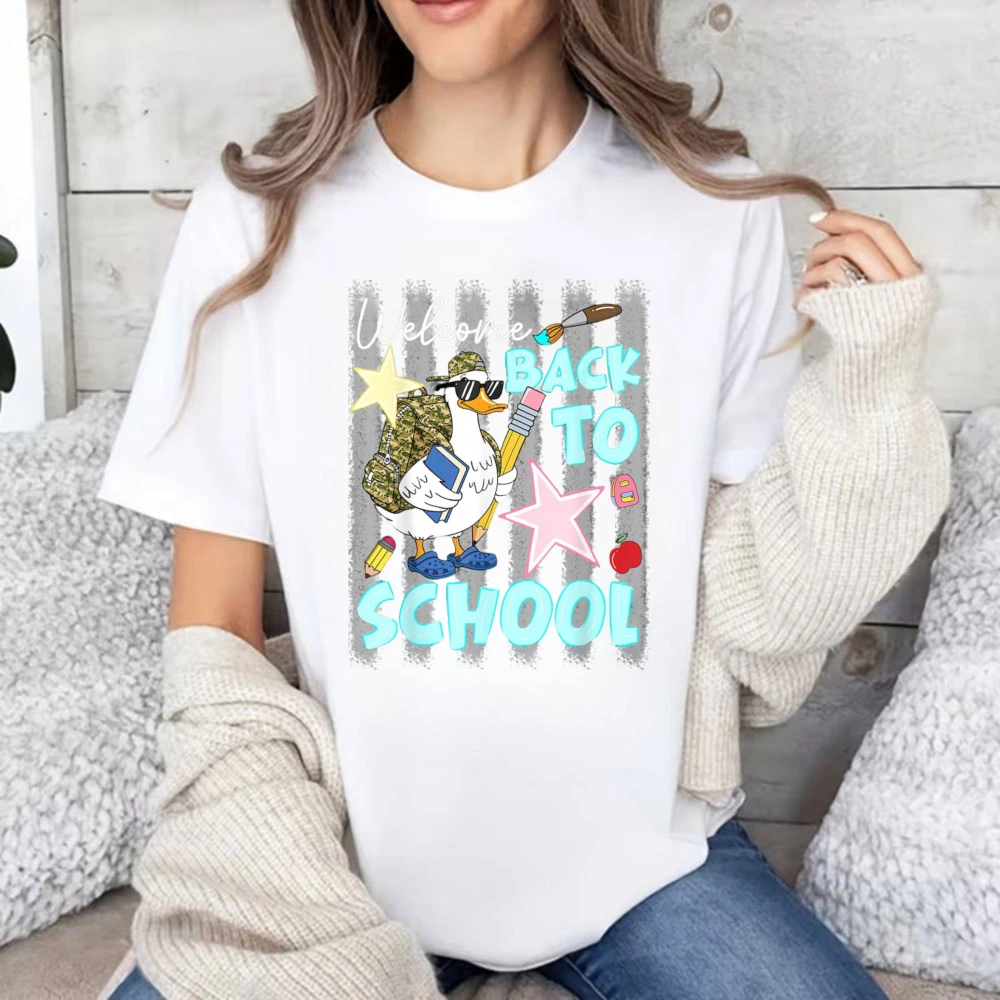 Striped Background T Shirt Cool Camo Backpack Duck Pencil Apple Star Print Back To School Boys Girls Short Sleeve Casual School