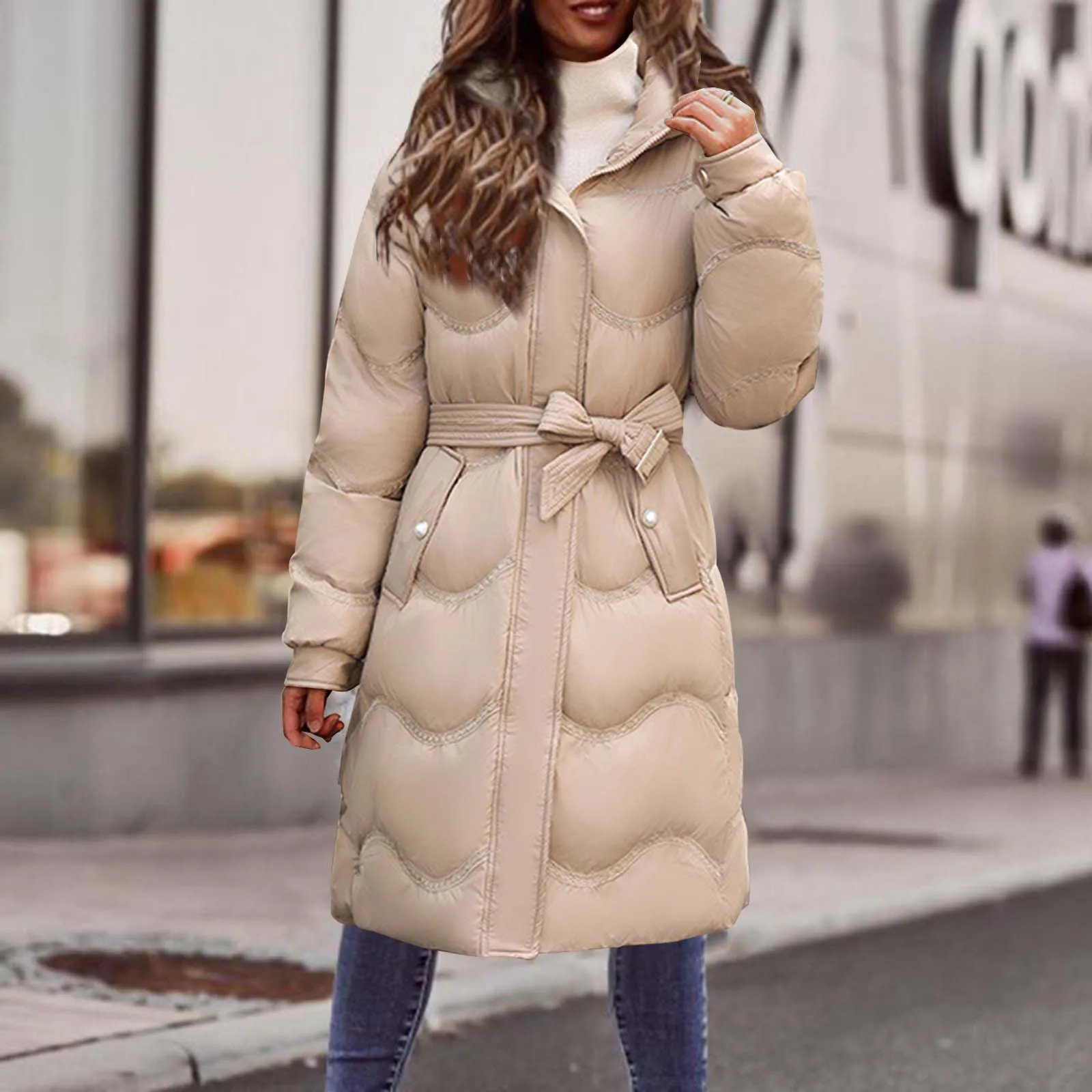 2024 novo no inverno feminino cor sólida comprimento médio para baixo jaqueta longa com cinto feminino grosso casaco quente parka longo com capuz outerwear