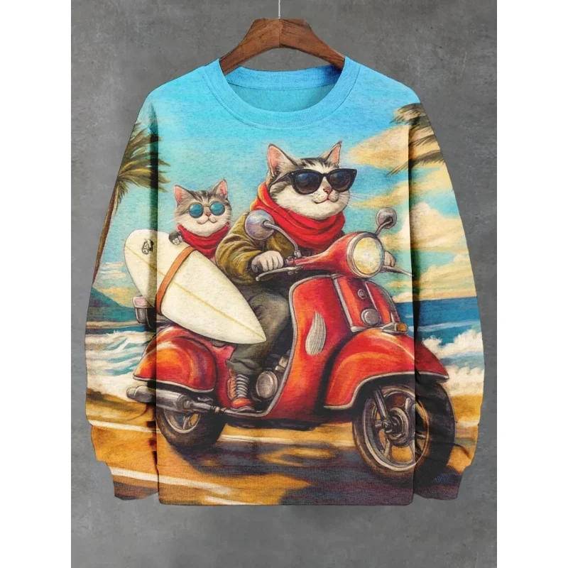 Ski Cycling Cat 3D Print Hoodies For Men Animal Astronauts Pattern Long Sleeved Sweatshirt Autumn Oversized Round Neck Pullovers