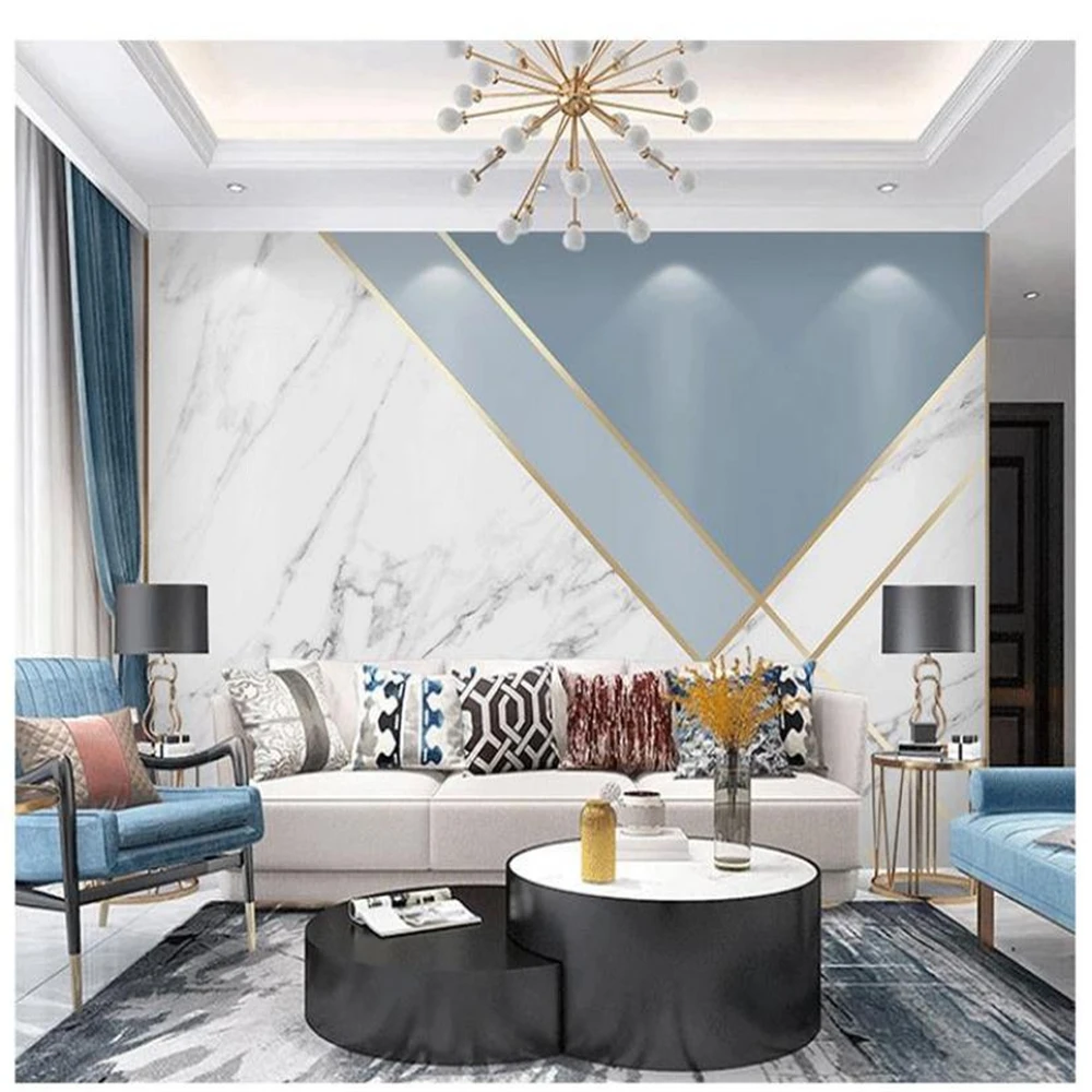 

Wall Wallpaper Living Room Simple Modern Light Luxury Geometric Lines Marble Video Wall Covering Murals